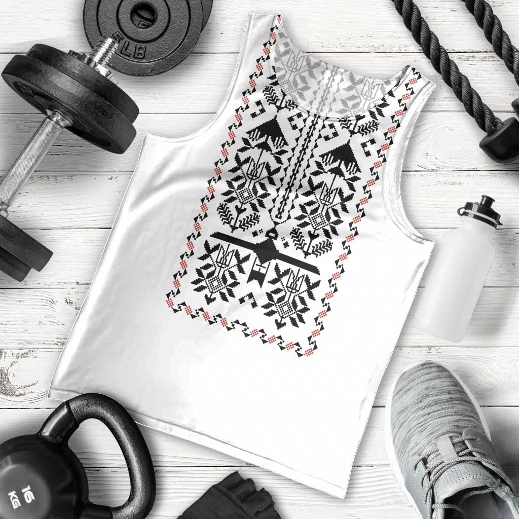 Ukraine Military Vyshyvanka Pattern Men Tank Top Ukrainian Heritage White Tactical Style - Wonder Print Shop