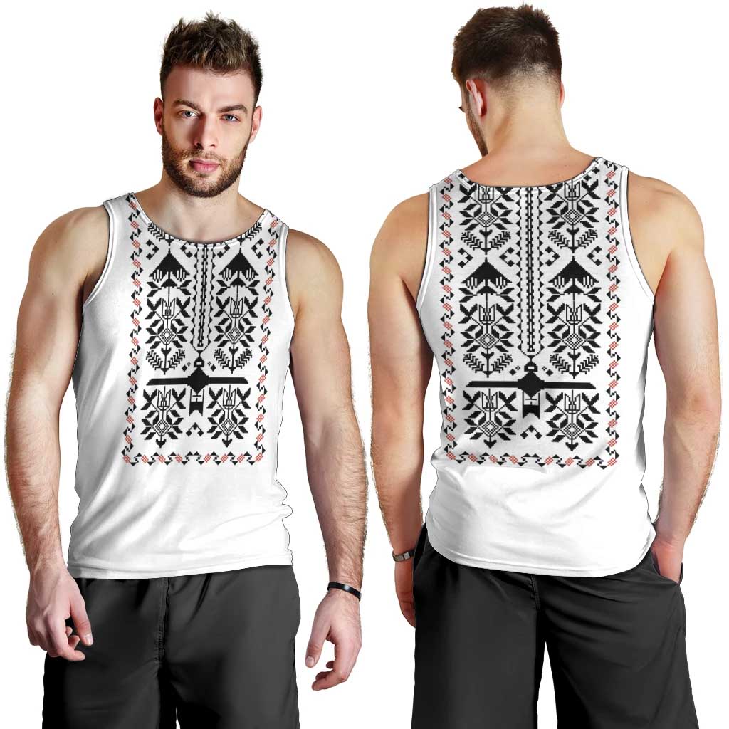 Ukraine Military Vyshyvanka Pattern Men Tank Top Ukrainian Heritage White Tactical Style - Wonder Print Shop