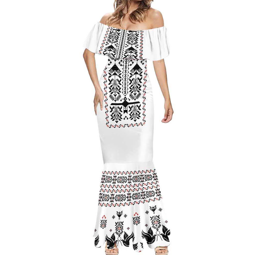 Ukraine Military Vyshyvanka Pattern Mermaid Dress Ukrainian Heritage White Tactical Style - Wonder Print Shop
