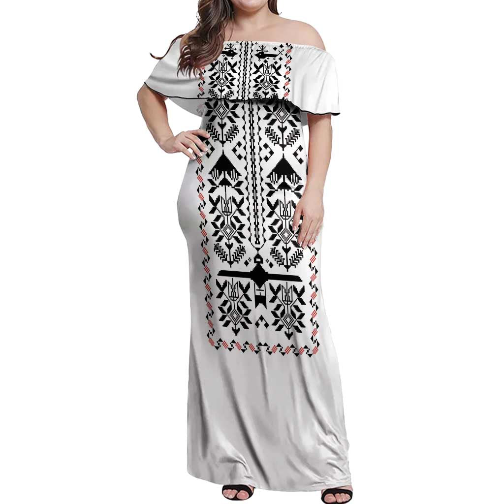 Ukraine Military Vyshyvanka Pattern Off Shoulder Maxi Dress Ukrainian Heritage White Tactical Style - Wonder Print Shop