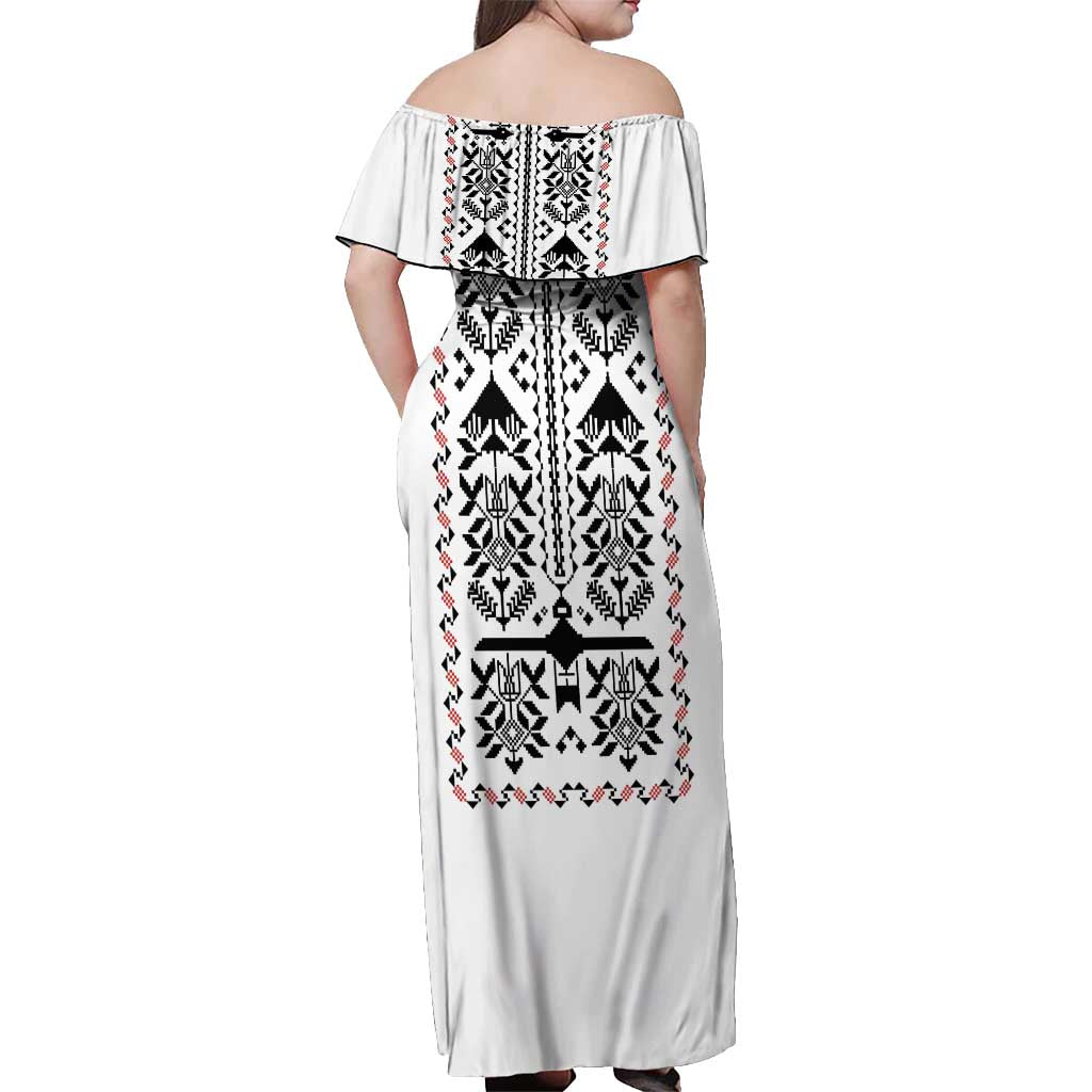 Ukraine Military Vyshyvanka Pattern Off Shoulder Maxi Dress Ukrainian Heritage White Tactical Style - Wonder Print Shop