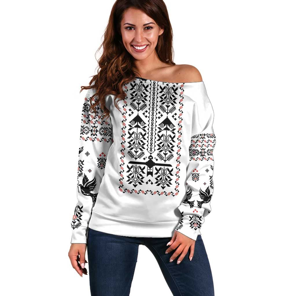 Ukraine Military Vyshyvanka Pattern Off Shoulder Sweater Ukrainian Heritage White Tactical Style - Wonder Print Shop