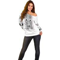 Ukraine Military Vyshyvanka Pattern Off Shoulder Sweater Ukrainian Heritage White Tactical Style - Wonder Print Shop