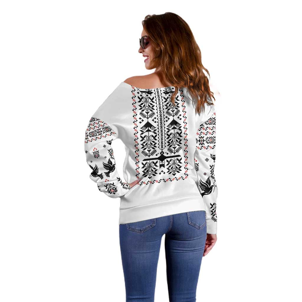 Ukraine Military Vyshyvanka Pattern Off Shoulder Sweater Ukrainian Heritage White Tactical Style - Wonder Print Shop