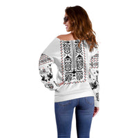 Ukraine Military Vyshyvanka Pattern Off Shoulder Sweater Ukrainian Heritage White Tactical Style - Wonder Print Shop
