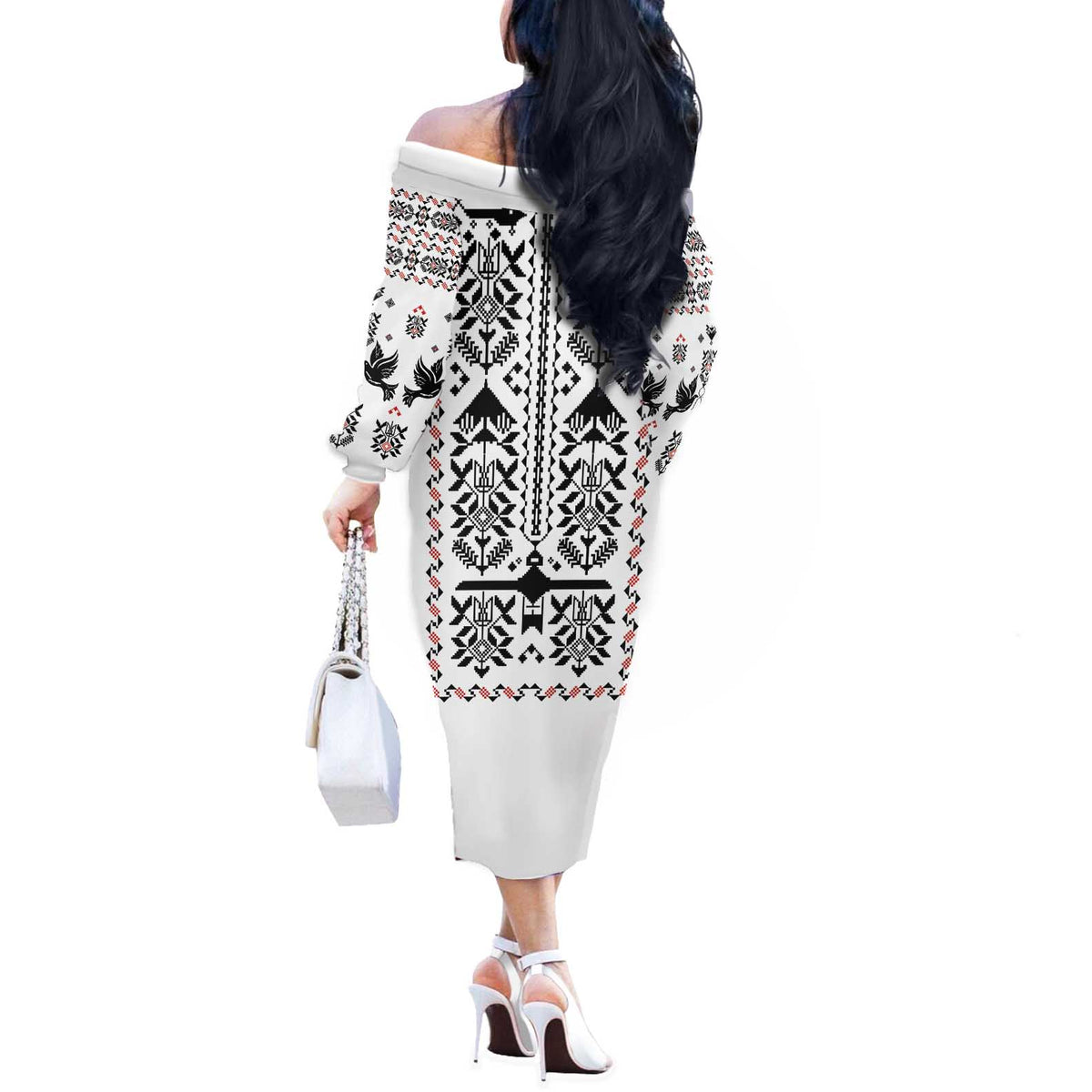 Ukraine Military Vyshyvanka Pattern Off The Shoulder Long Sleeve Dress Ukrainian Heritage White Tactical Style - Wonder Print Shop