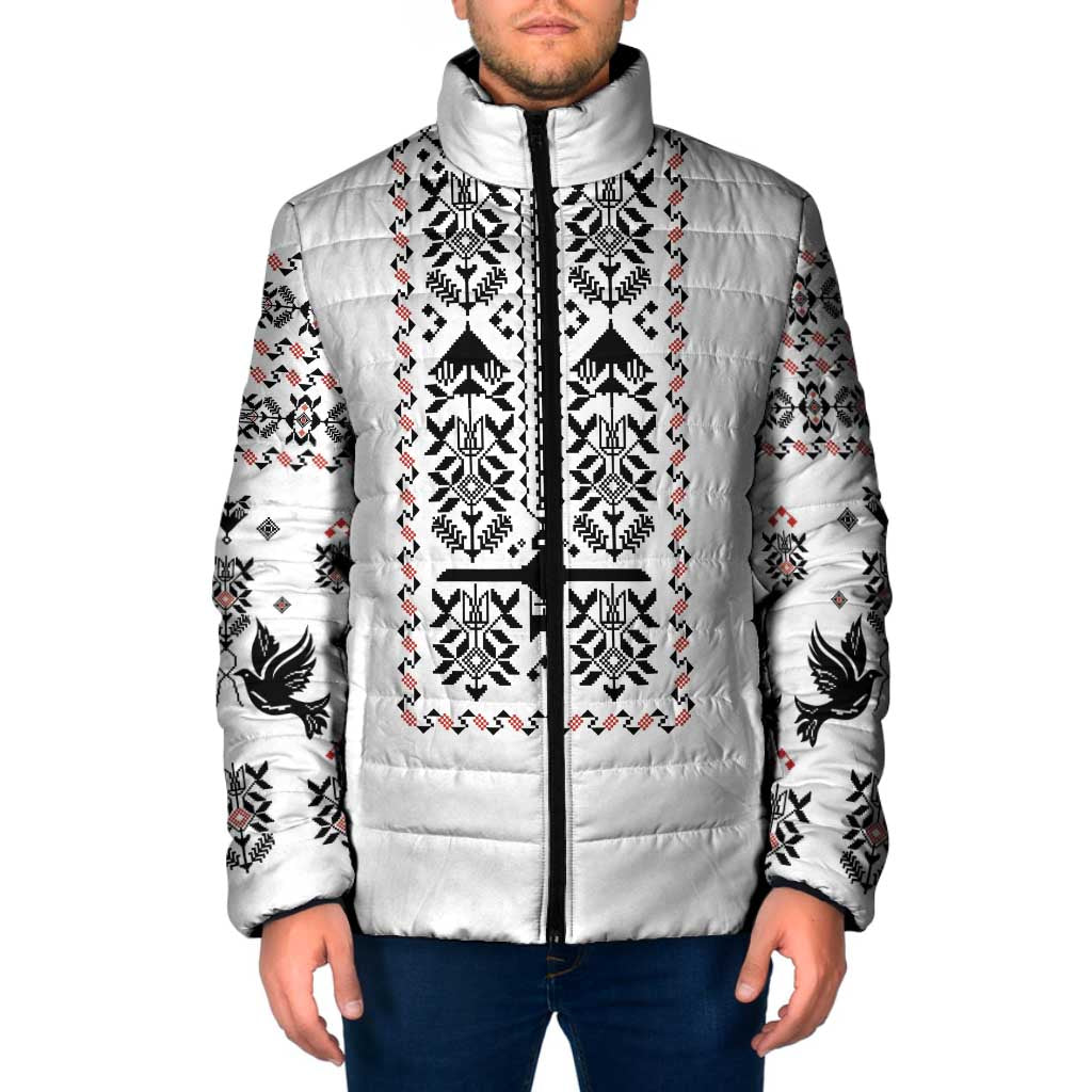 Ukraine Military Vyshyvanka Pattern Padded Jacket Ukrainian Heritage White Tactical Style - Wonder Print Shop