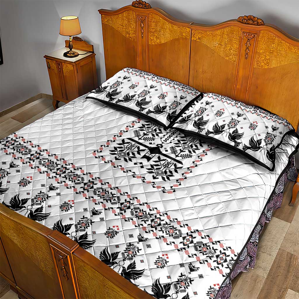 Ukraine Military Vyshyvanka Pattern Quilt Bed Set Ukrainian Heritage White Tactical Style - Wonder Print Shop
