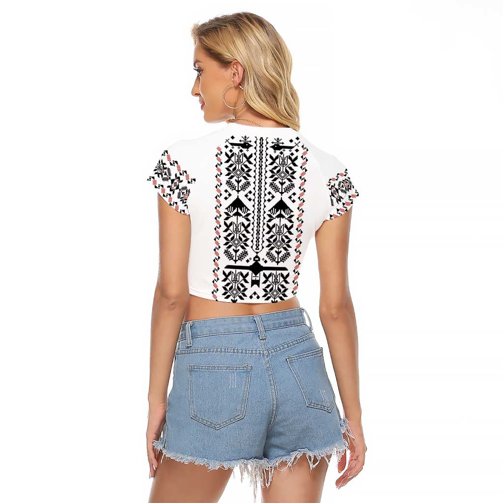 Ukraine Military Vyshyvanka Pattern Raglan Cropped T Shirt Ukrainian Heritage White Tactical Style - Wonder Print Shop