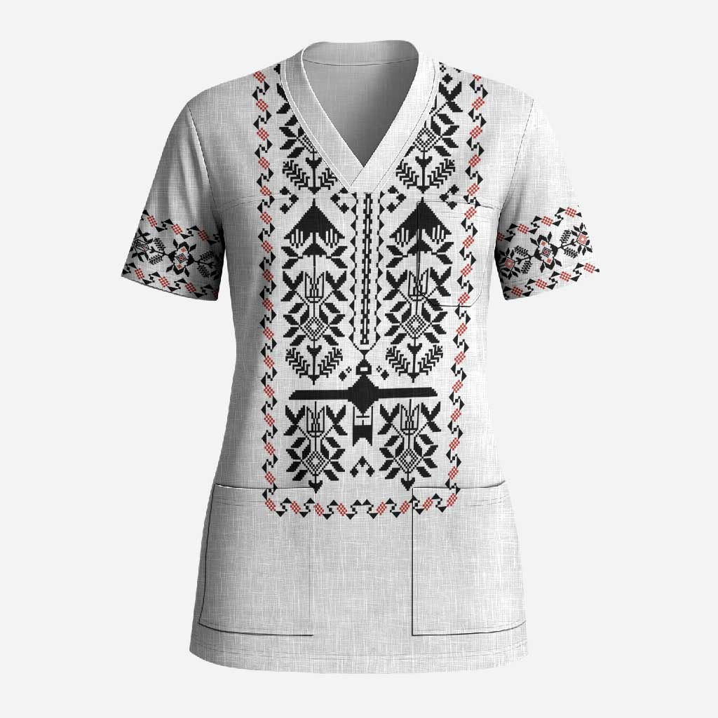 Ukraine Military Vyshyvanka Pattern Scrub Top Ukrainian Heritage White Tactical Style - Wonder Print Shop