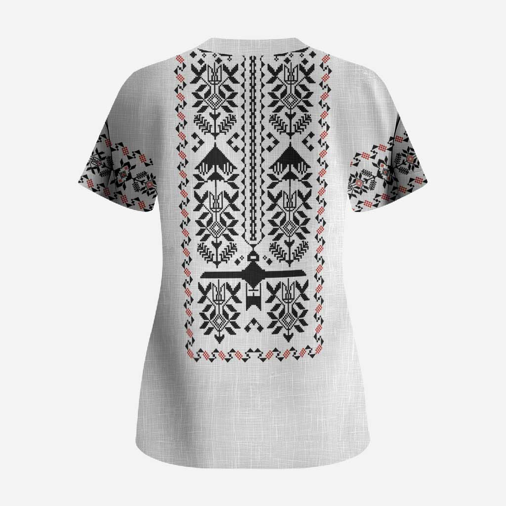 Ukraine Military Vyshyvanka Pattern Scrub Top Ukrainian Heritage White Tactical Style - Wonder Print Shop