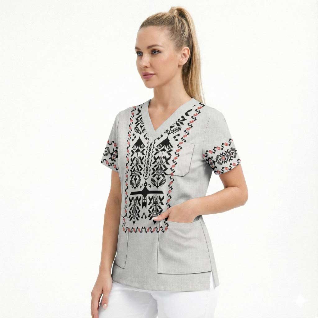Ukraine Military Vyshyvanka Pattern Scrub Top Ukrainian Heritage White Tactical Style - Wonder Print Shop