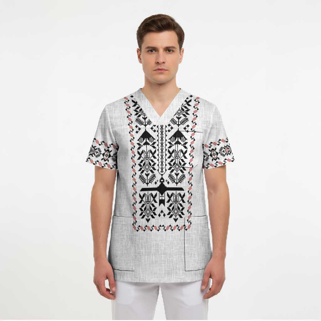 Ukraine Military Vyshyvanka Pattern Scrub Top Ukrainian Heritage White Tactical Style - Wonder Print Shop