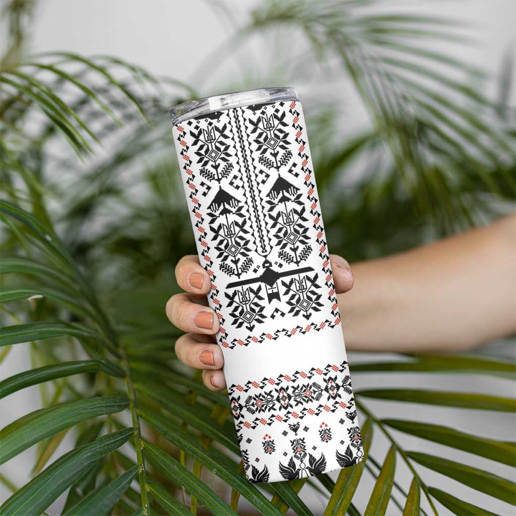 Ukraine Military Vyshyvanka Pattern Skinny Tumbler Ukrainian Heritage White Tactical Style - Wonder Print Shop