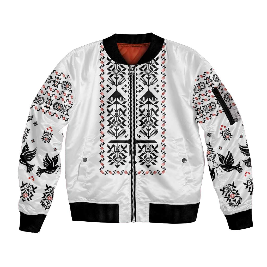 Ukraine Military Vyshyvanka Pattern Sleeve Zip Bomber Jacket Ukrainian Heritage White Tactical Style - Wonder Print Shop