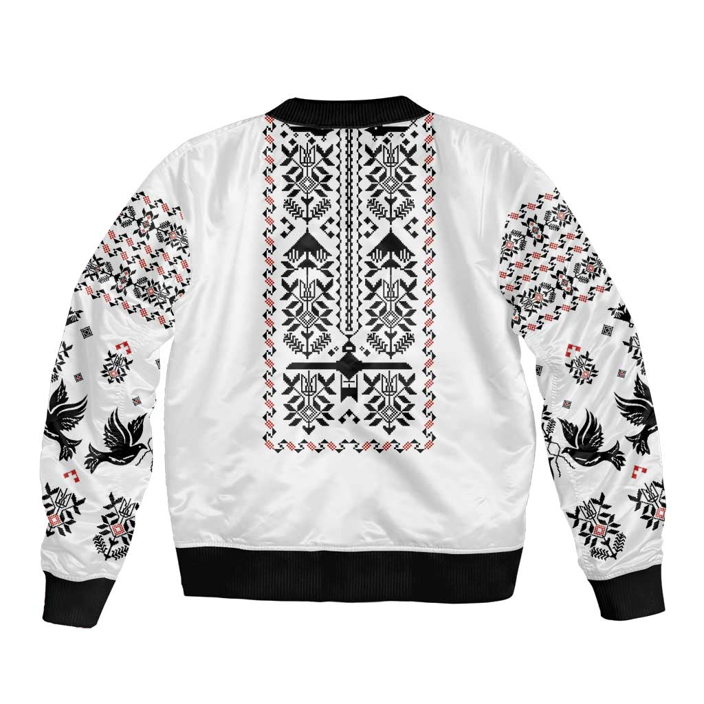 Ukraine Military Vyshyvanka Pattern Sleeve Zip Bomber Jacket Ukrainian Heritage White Tactical Style - Wonder Print Shop