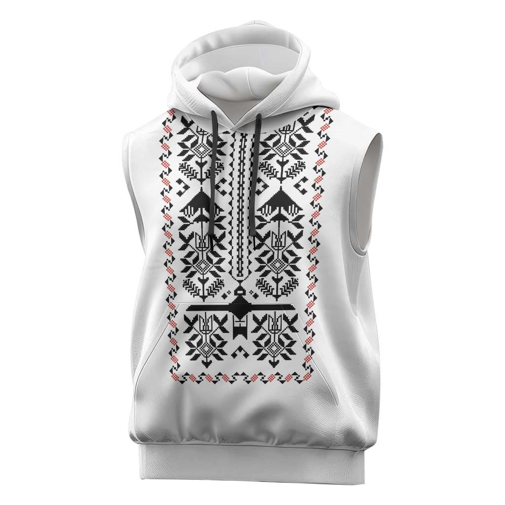 Ukraine Military Vyshyvanka Pattern Sleeveless Hoodie Ukrainian Heritage White Tactical Style - Wonder Print Shop