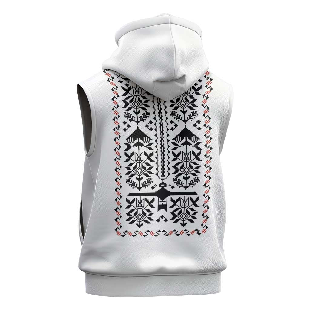 Ukraine Military Vyshyvanka Pattern Sleeveless Hoodie Ukrainian Heritage White Tactical Style - Wonder Print Shop