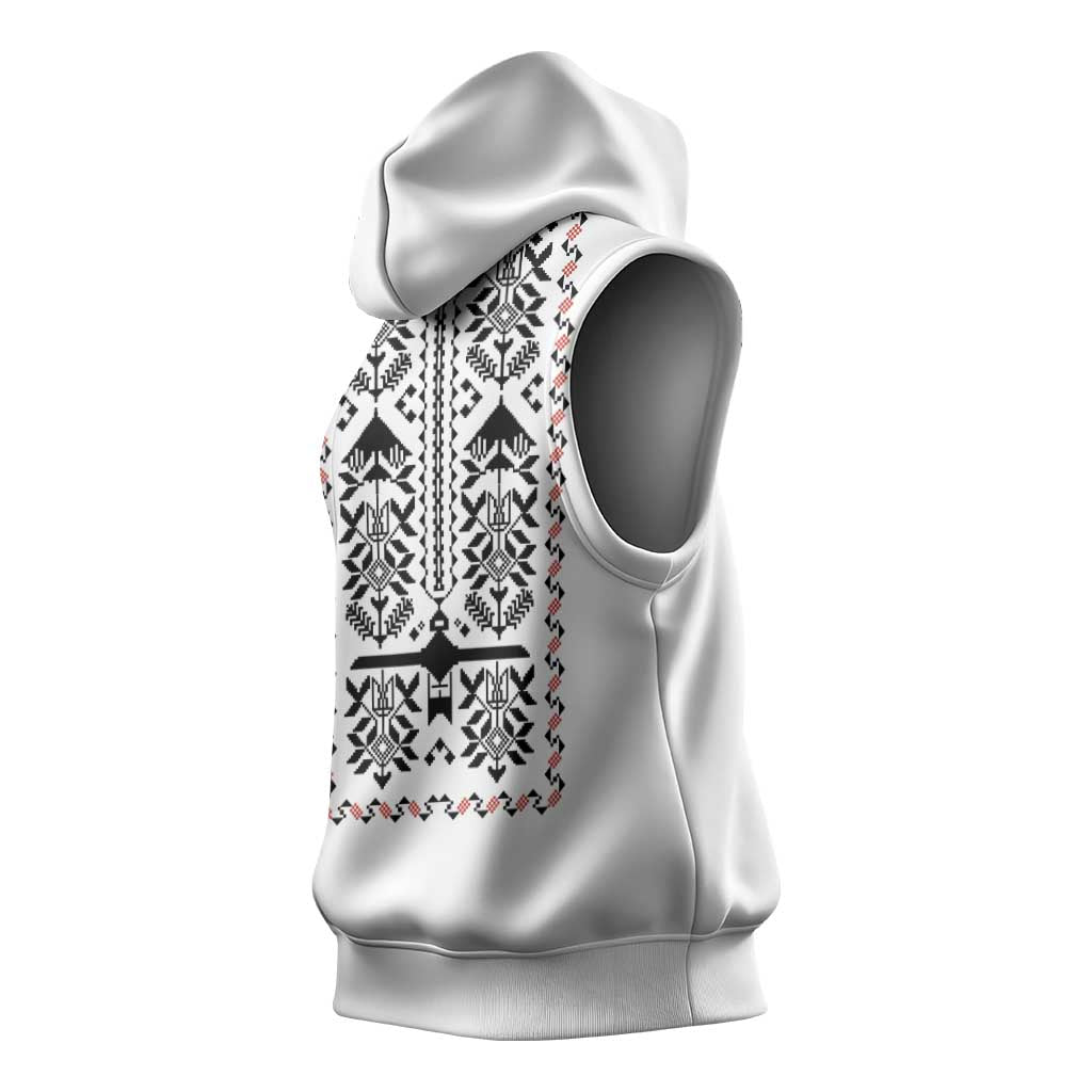 Ukraine Military Vyshyvanka Pattern Sleeveless Hoodie Ukrainian Heritage White Tactical Style - Wonder Print Shop