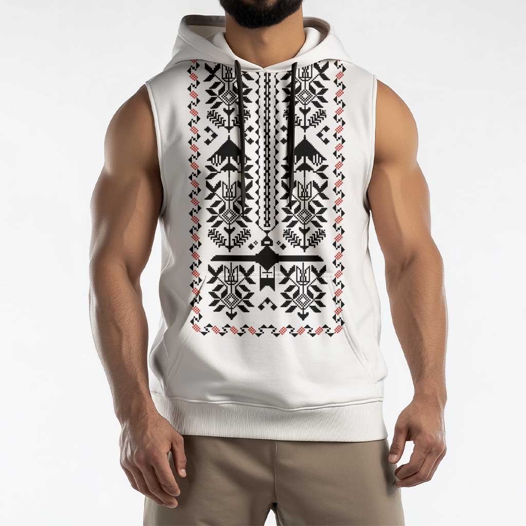 Ukraine Military Vyshyvanka Pattern Sleeveless Hoodie Ukrainian Heritage White Tactical Style - Wonder Print Shop
