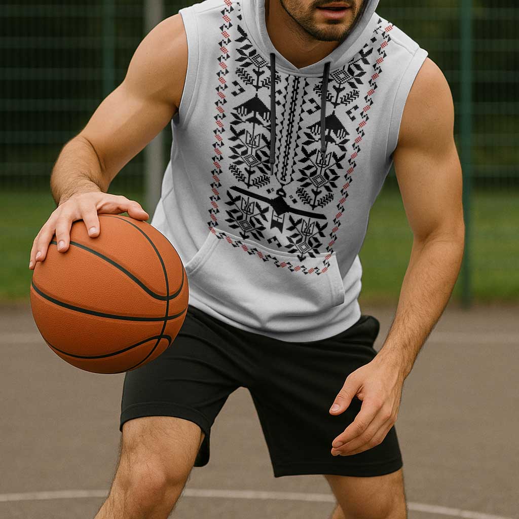 Ukraine Military Vyshyvanka Pattern Sleeveless Hoodie Ukrainian Heritage White Tactical Style - Wonder Print Shop