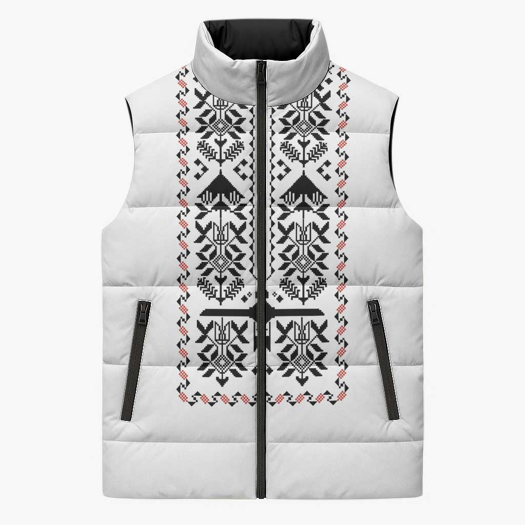 Ukraine Military Vyshyvanka Pattern Sleeveless Puffer Jacket Ukrainian Heritage White Tactical Style - Wonder Print Shop