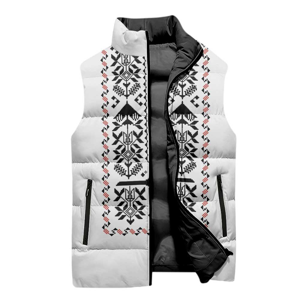 Ukraine Military Vyshyvanka Pattern Sleeveless Puffer Jacket Ukrainian Heritage White Tactical Style - Wonder Print Shop