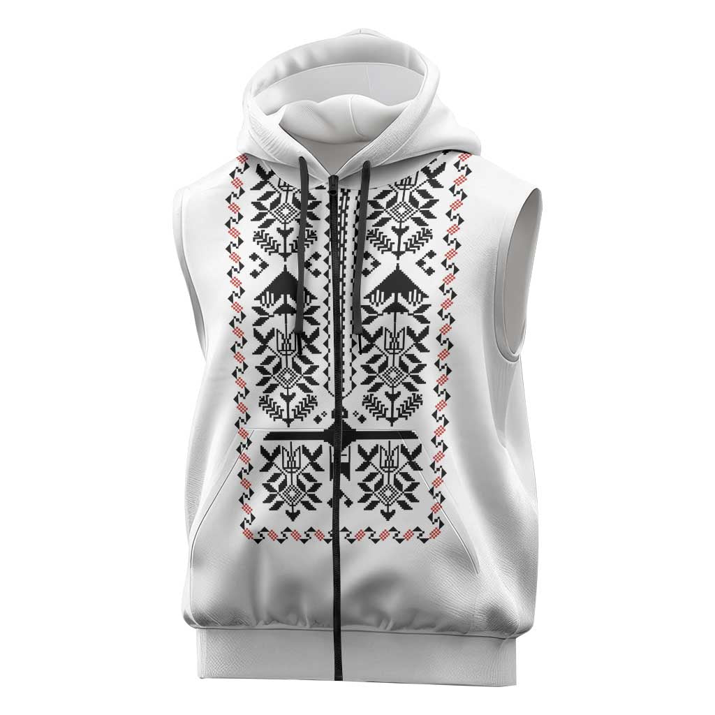 Ukraine Military Vyshyvanka Pattern Sleeveless Zip Hoodie Ukrainian Heritage White Tactical Style - Wonder Print Shop