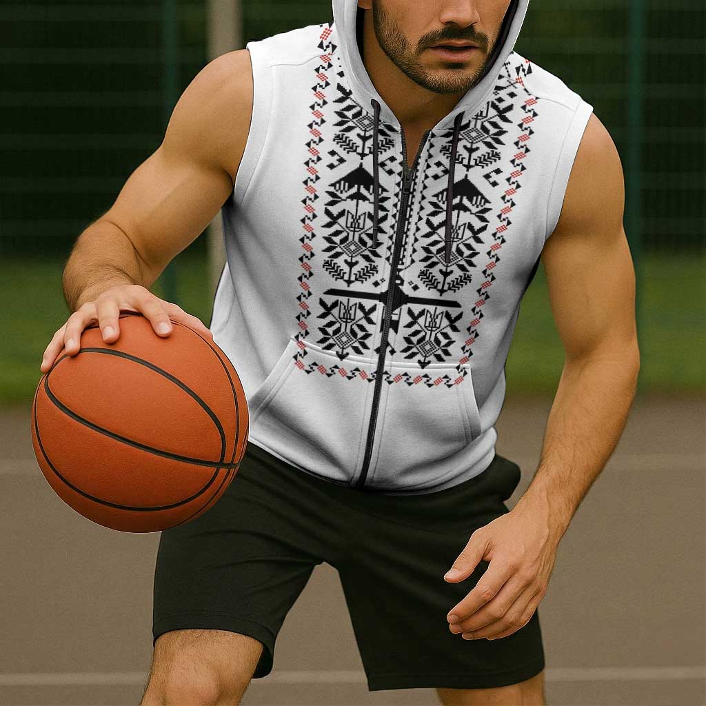 Ukraine Military Vyshyvanka Pattern Sleeveless Zip Hoodie Ukrainian Heritage White Tactical Style - Wonder Print Shop