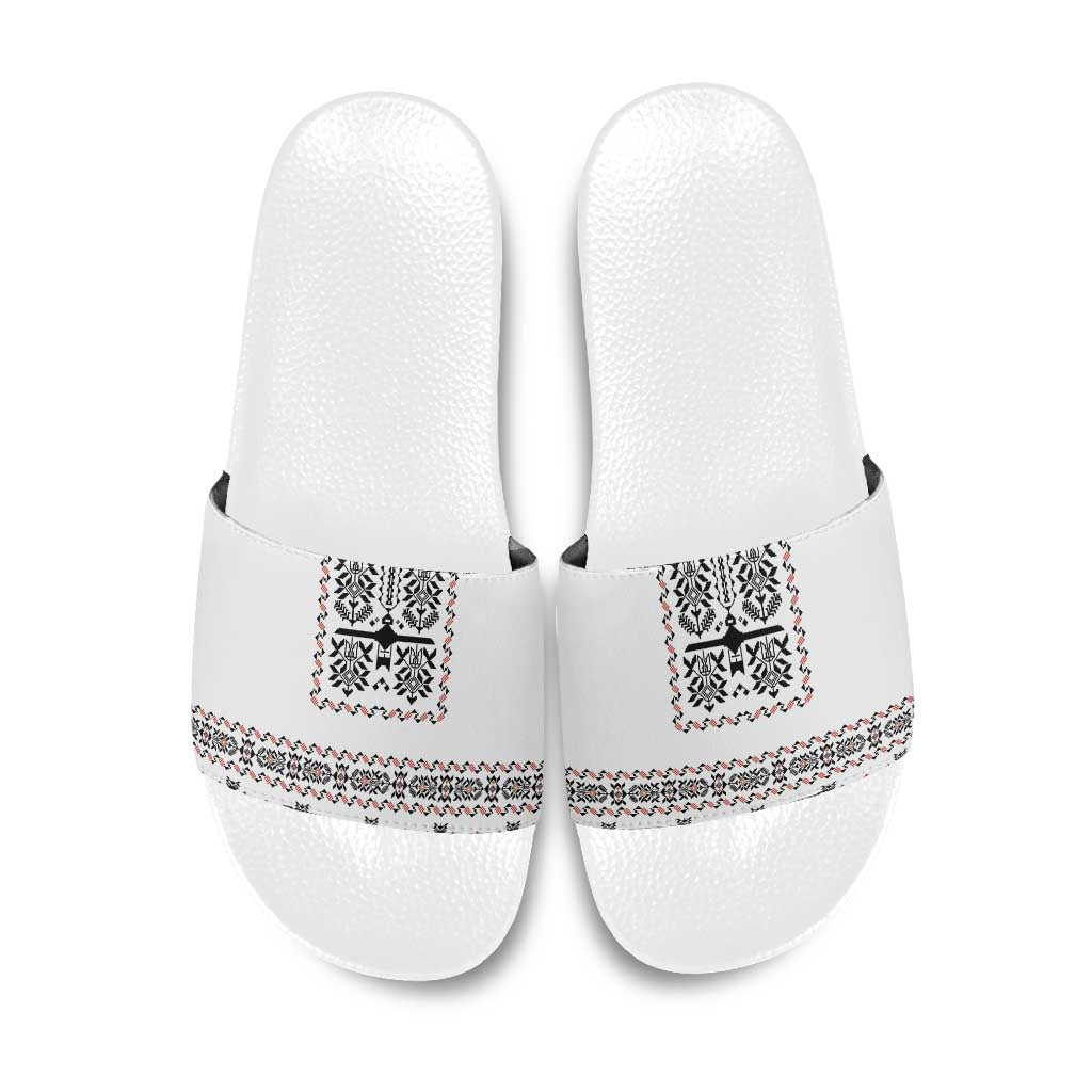 Ukraine Military Vyshyvanka Pattern Slide Sandals Ukrainian Heritage White Tactical Style - Wonder Print Shop
