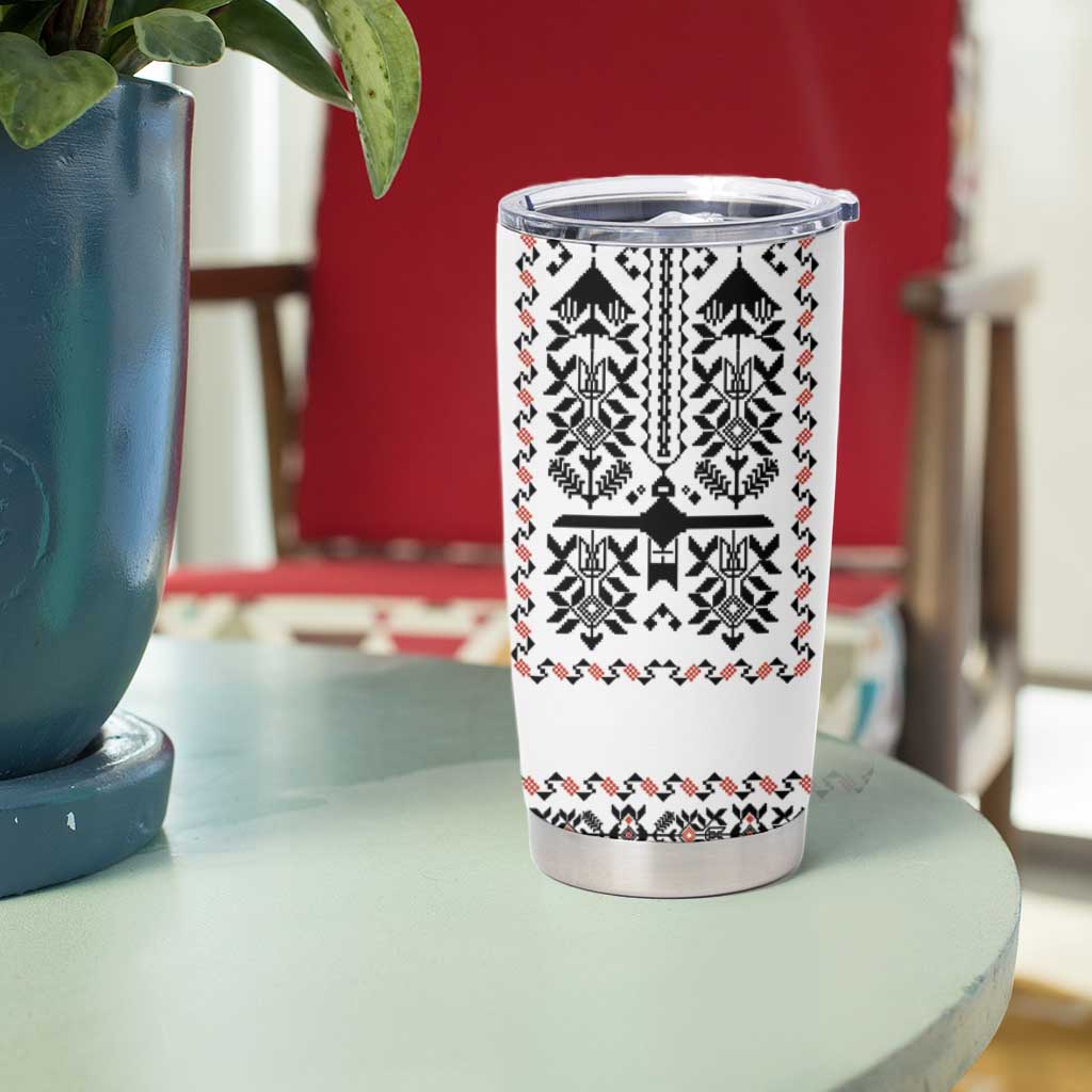 Ukraine Military Vyshyvanka Pattern Tumbler Cup Ukrainian Heritage White Tactical Style - Wonder Print Shop