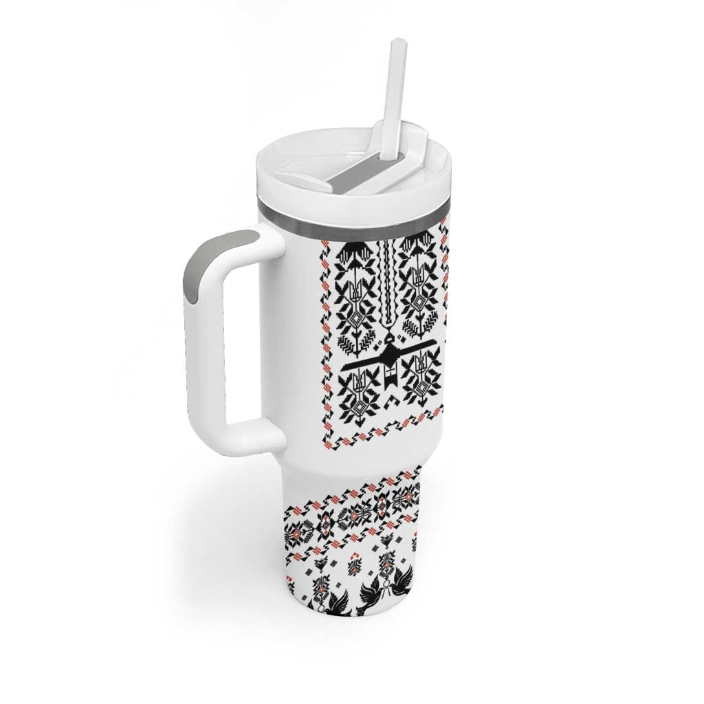 Ukraine Military Vyshyvanka Pattern Tumbler With Handle Ukrainian Heritage White Tactical Style - Wonder Print Shop