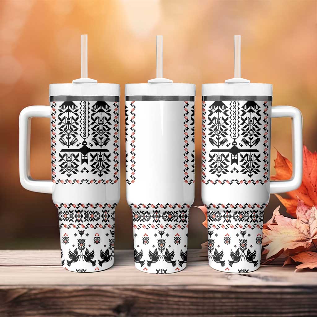 Ukraine Military Vyshyvanka Pattern Tumbler With Handle Ukrainian Heritage White Tactical Style - Wonder Print Shop