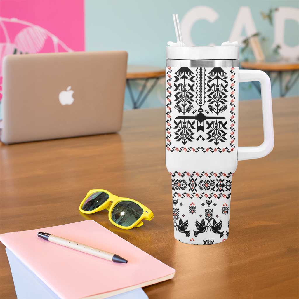 Ukraine Military Vyshyvanka Pattern Tumbler With Handle Ukrainian Heritage White Tactical Style - Wonder Print Shop