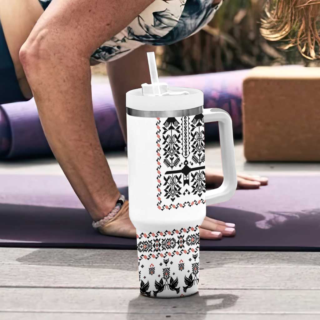 Ukraine Military Vyshyvanka Pattern Tumbler With Handle Ukrainian Heritage White Tactical Style - Wonder Print Shop