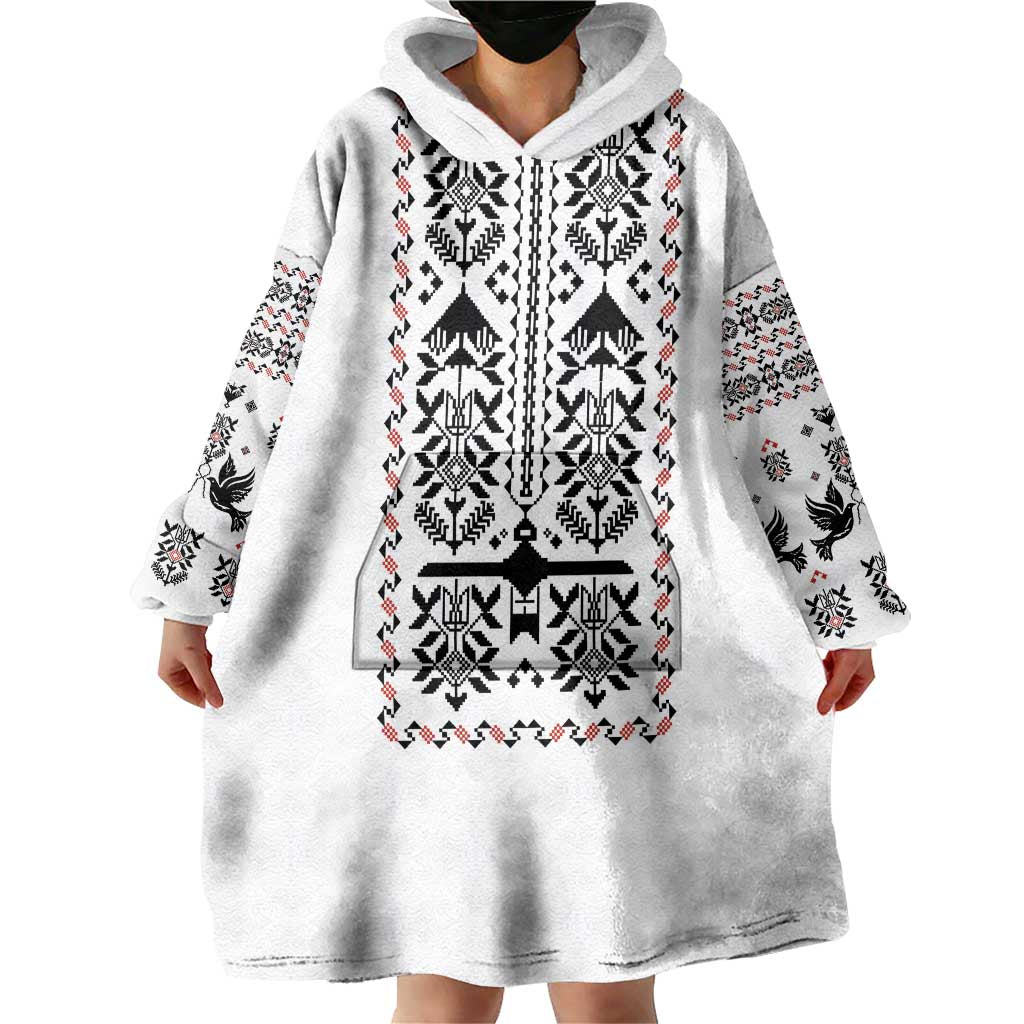 Ukraine Military Vyshyvanka Pattern Wearable Blanket Hoodie Ukrainian Heritage White Tactical Style - Wonder Print Shop