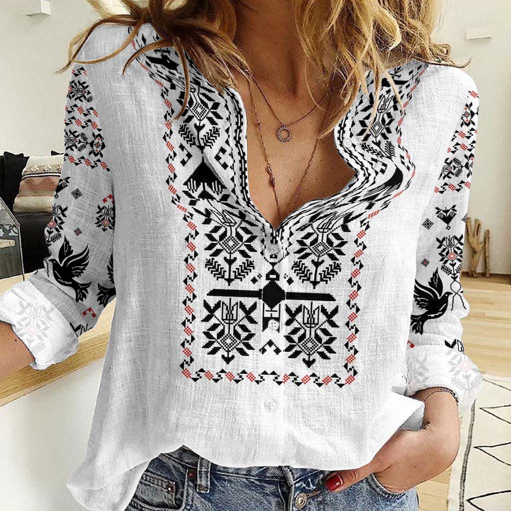Ukraine Military Vyshyvanka Pattern Women Casual Shirt Ukrainian Heritage White Tactical Style - Wonder Print Shop