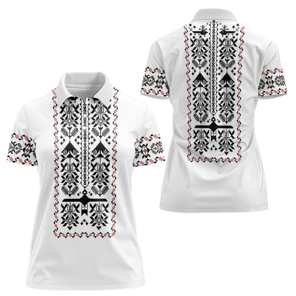 Ukraine Military Vyshyvanka Pattern Women Polo Shirt Ukrainian Heritage White Tactical Style - Wonder Print Shop