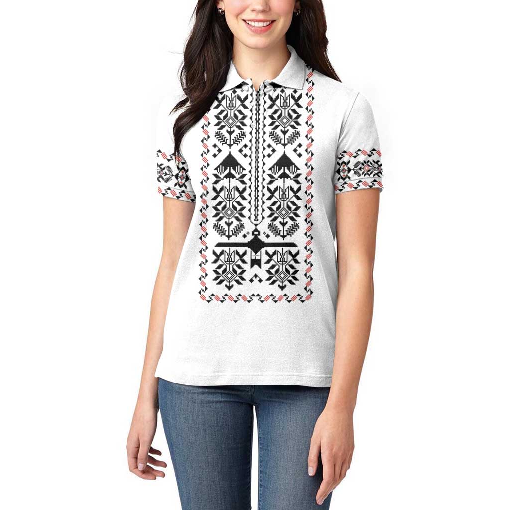 Ukraine Military Vyshyvanka Pattern Women Polo Shirt Ukrainian Heritage White Tactical Style - Wonder Print Shop