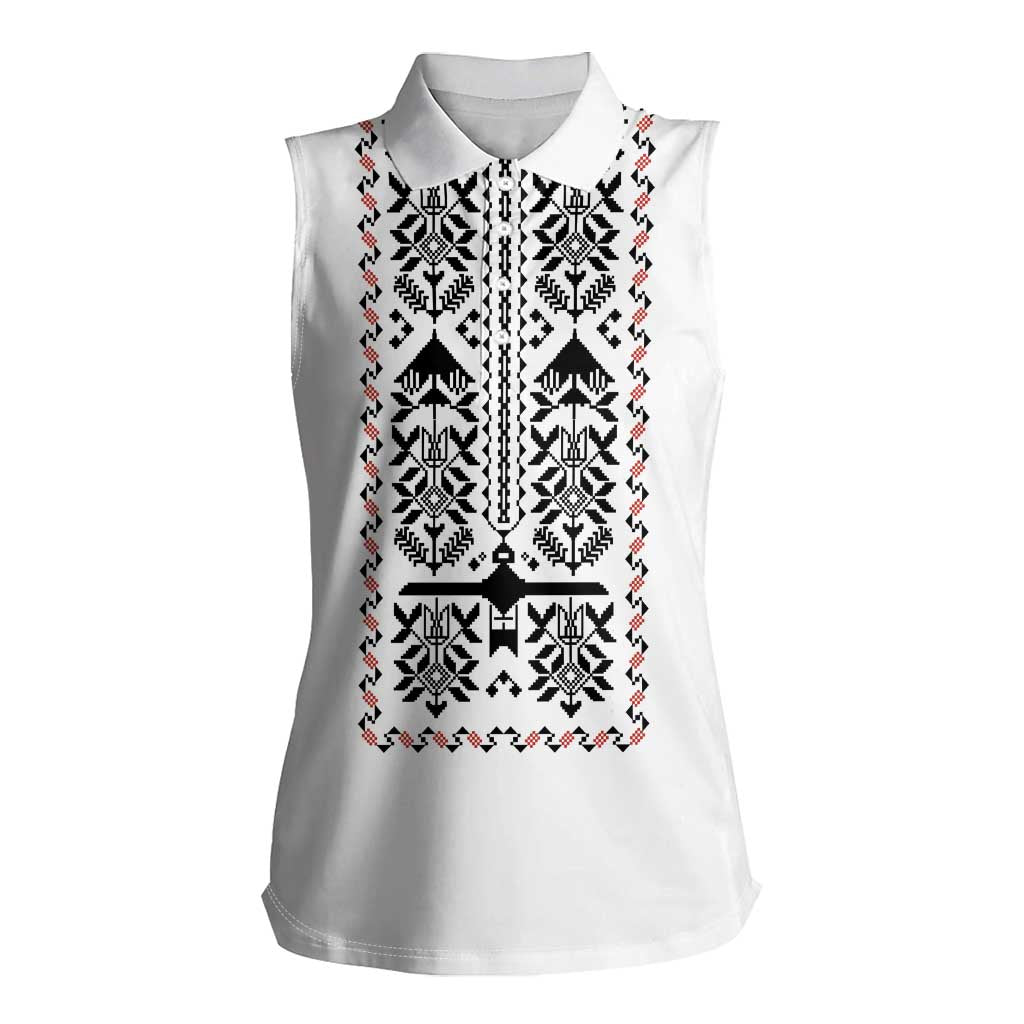 Ukraine Military Vyshyvanka Pattern Women Sleeveless Polo Shirt Ukrainian Heritage White Tactical Style - Wonder Print Shop