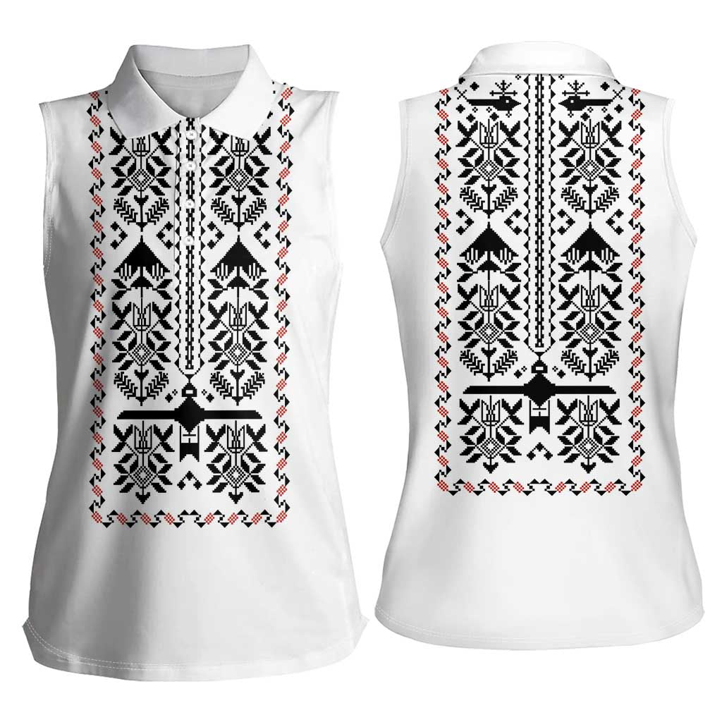 Ukraine Military Vyshyvanka Pattern Women Sleeveless Polo Shirt Ukrainian Heritage White Tactical Style - Wonder Print Shop