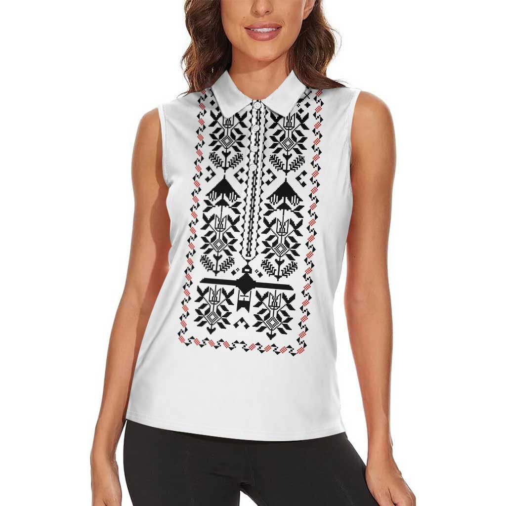 Ukraine Military Vyshyvanka Pattern Women Sleeveless Polo Shirt Ukrainian Heritage White Tactical Style - Wonder Print Shop