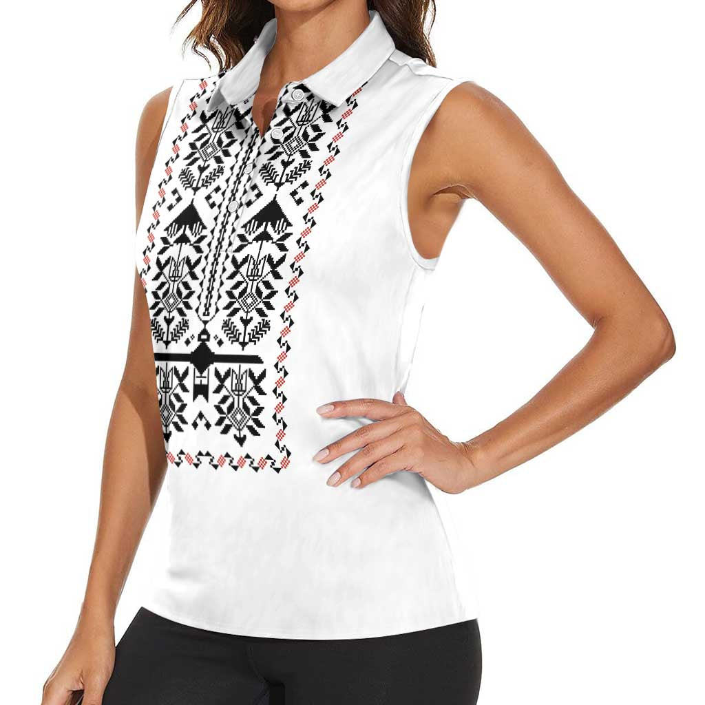 Ukraine Military Vyshyvanka Pattern Women Sleeveless Polo Shirt Ukrainian Heritage White Tactical Style - Wonder Print Shop