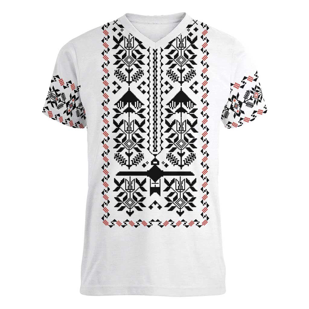Ukraine Military Vyshyvanka Pattern Women V-Neck T-Shirt Ukrainian Heritage White Tactical Style - Wonder Print Shop