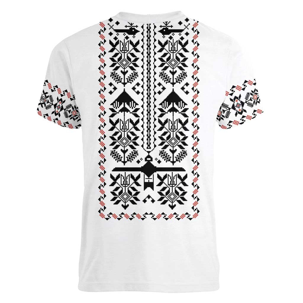 Ukraine Military Vyshyvanka Pattern Women V-Neck T-Shirt Ukrainian Heritage White Tactical Style - Wonder Print Shop