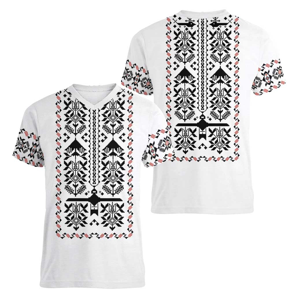 Ukraine Military Vyshyvanka Pattern Women V-Neck T-Shirt Ukrainian Heritage White Tactical Style - Wonder Print Shop
