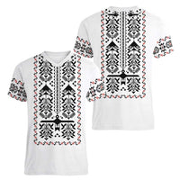 Ukraine Military Vyshyvanka Pattern Women V-Neck T-Shirt Ukrainian Heritage White Tactical Style - Wonder Print Shop