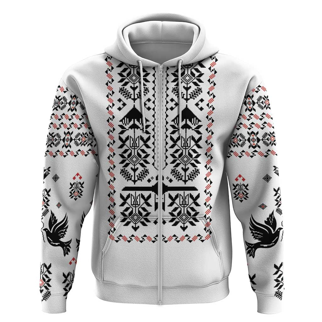 Ukraine Military Vyshyvanka Pattern Zip Hoodie Ukrainian Heritage White Tactical Style - Wonder Print Shop