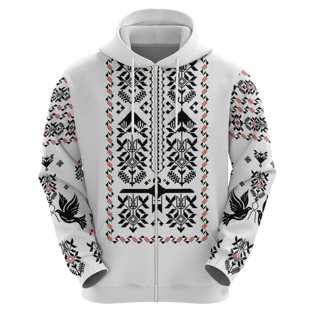 Ukraine Military Vyshyvanka Pattern Zip Hoodie Ukrainian Heritage White Tactical Style - Wonder Print Shop