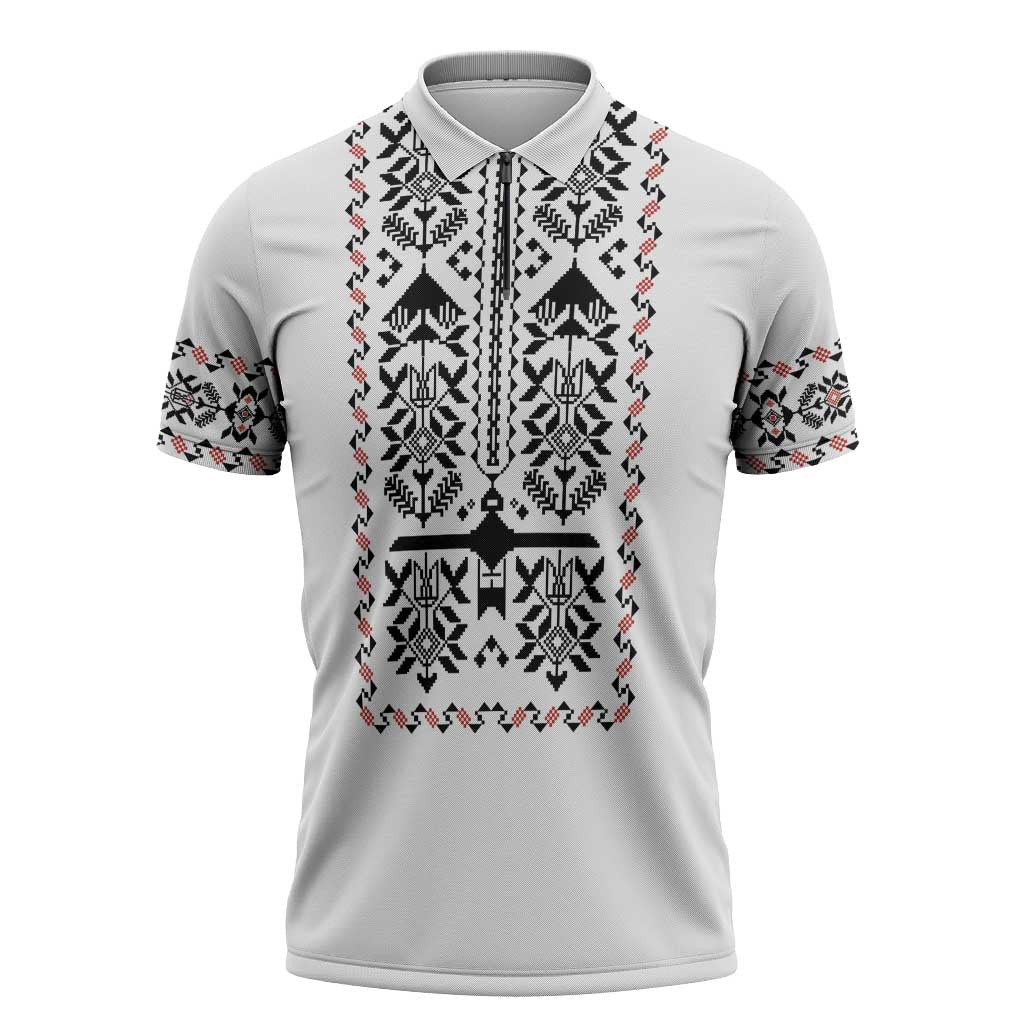 Ukraine Military Vyshyvanka Pattern Zipper Polo Shirt Ukrainian Heritage White Tactical Style - Wonder Print Shop